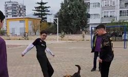 Okul bahçesine giren köpek öğrencilerle maç yaptı