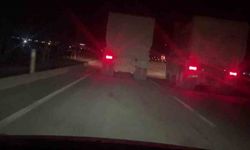 Trafikte 100'ü bulan hızla yarışan kamyonların o anları kamerada