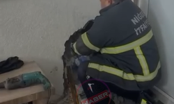 Niğde’de duvar arasına sıkışan kediyi itfaiye kurtardı