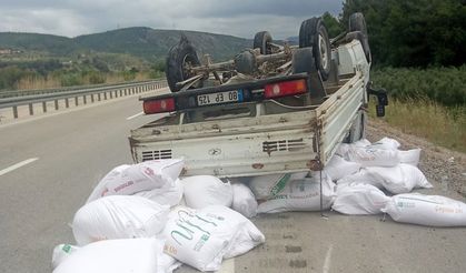 Lastiği patlayan kamyonet takla attı