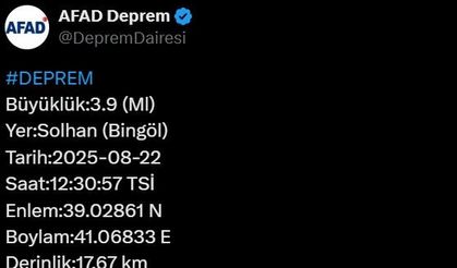 Bingöl’de 3.9 büyüklüğünde deprem