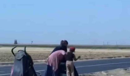 Dilenci kadınlar yol ortasında kavga etti