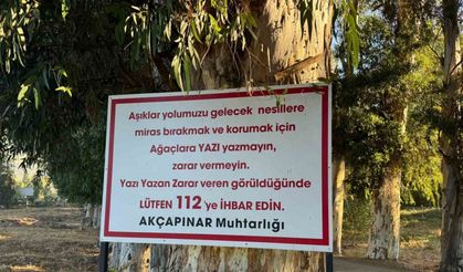 Ağaçlara yazı yazanları tabela ile uyardı