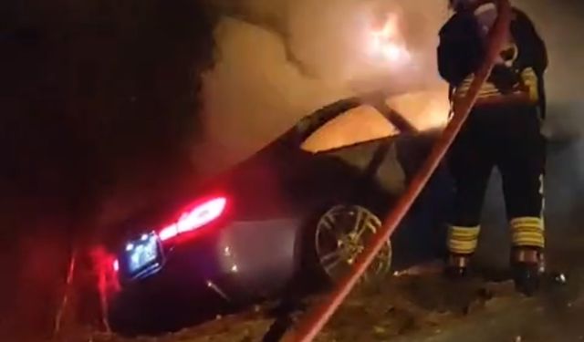 Kontrolden çıkan lüks araç ağaçlara çarparak alev alev yandı