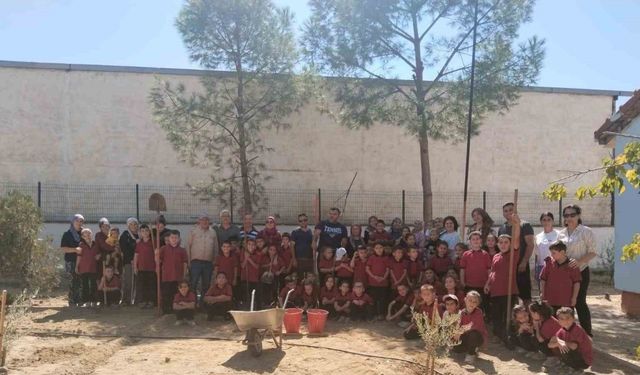 Okul bahçesinde öğrenciler fidan diktiler