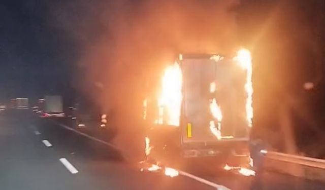 TEM Otoyolu’nda tırın dorsesi alev alev yandı