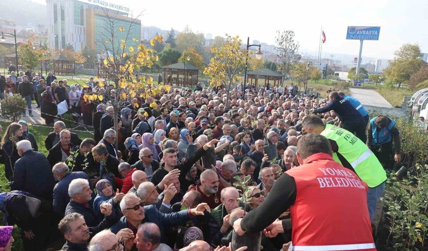 Dağıtılan elma ve armut fidanlarından almak için birbirleri ile yarıştılar