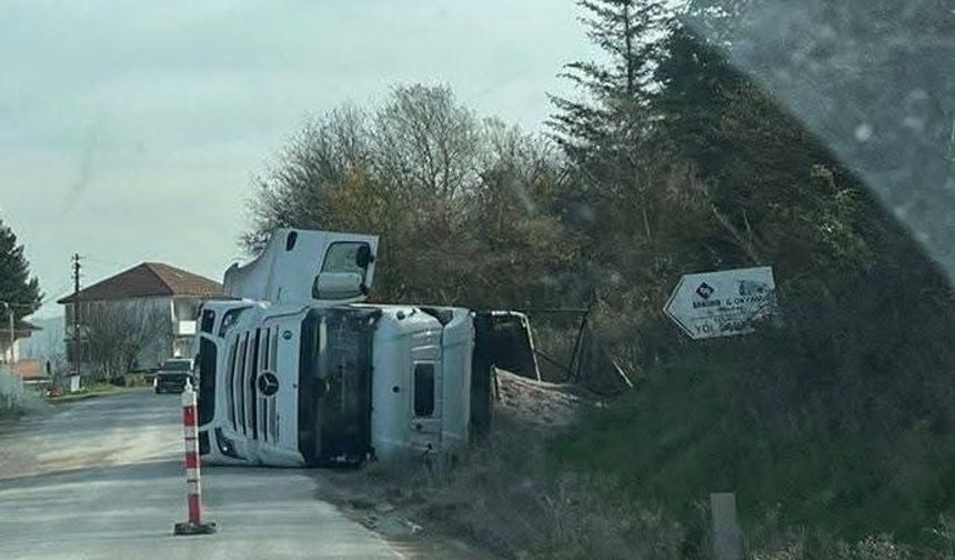 Kontrolden çıkan tır devrildi