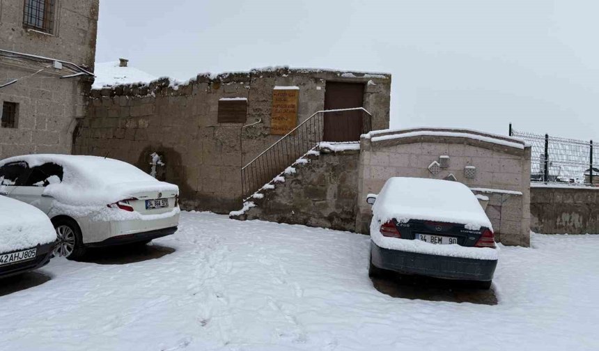 Çiçek açmış meyve ağaçları ve yağan karla ilçe beyaza büründü