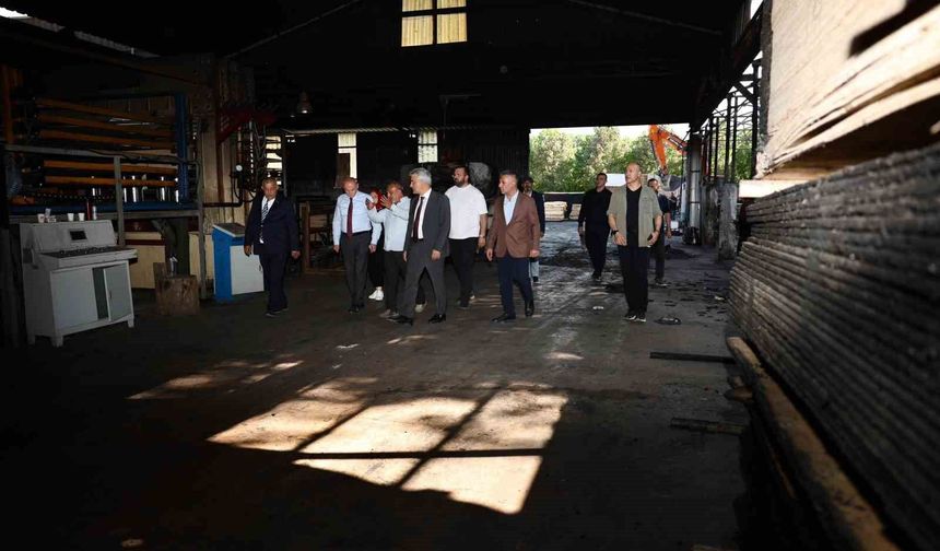 Yanan orman ürünleri fabrikasında inceleme